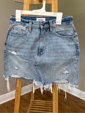 Pistola Distressed Denim Mini Skirt with Frayed Hem, Size 24